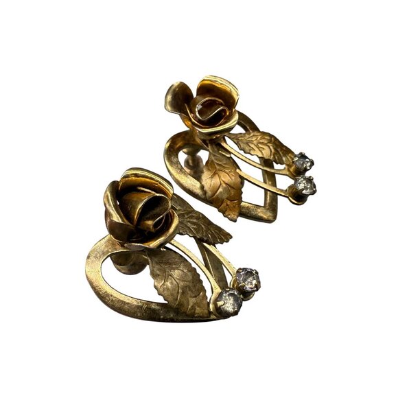 VTG Clear Rhinestone Rose Floral Leaf Screw Back Earrings Romantic Gold Tone - Picture 4 of 4